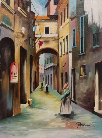 Art work by firma Illeggibile strada di città - oil canvas cardboard  